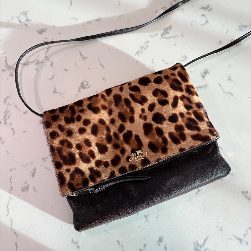 Coach Fold Over Clutch Purse w/ Crossbody Strap | Dark Brown Leather + Calf Hair